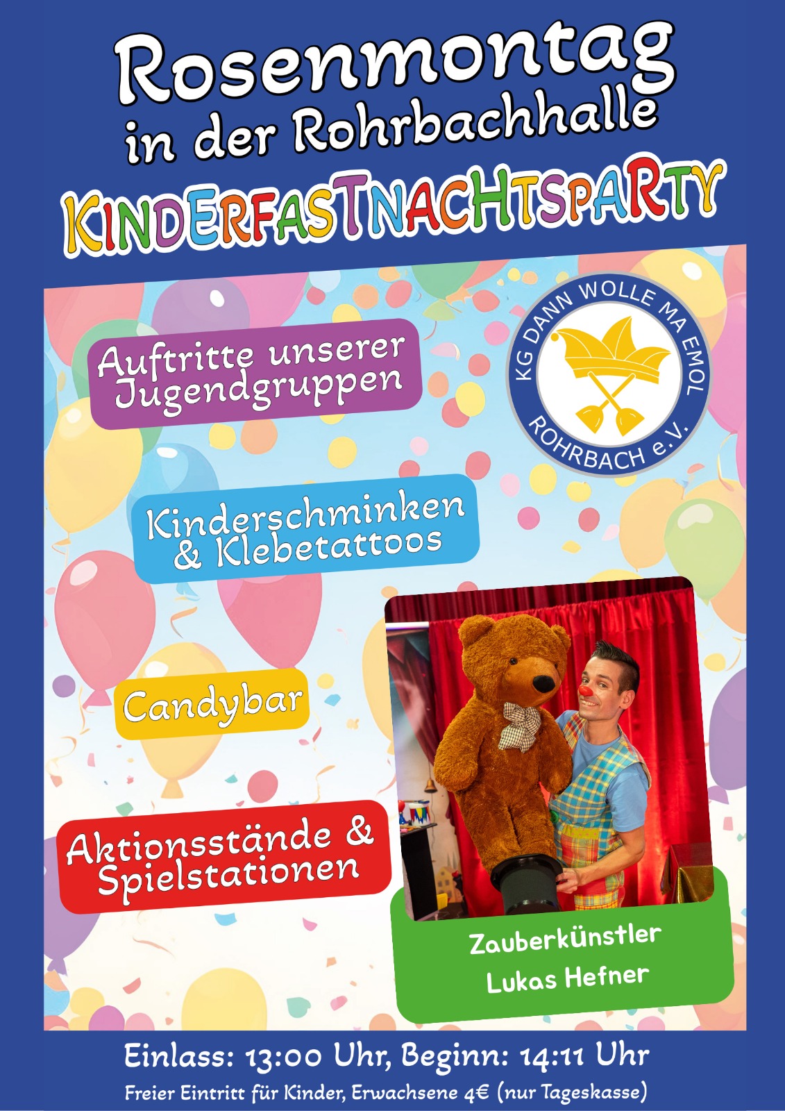 Plakat Kinderfastnachtsparty KG dann wolle ma emol Rohrbach 2026