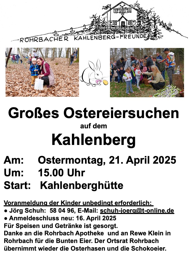 Plakat Ostereiersuchen 2025 auf dem Kahlenberg in Rohrbach (Saar)
