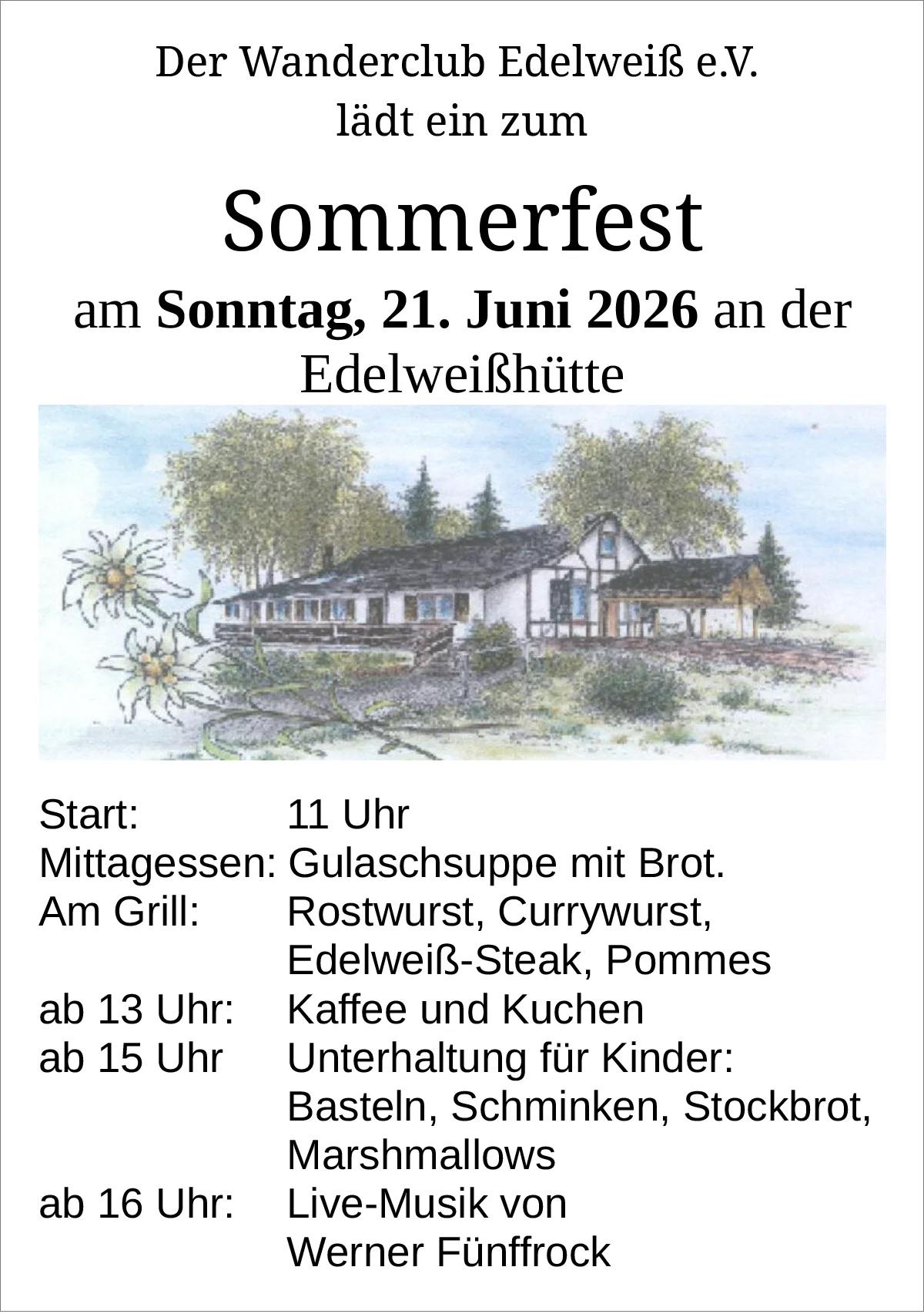 Plakat Sommerfest Wanderclub Edelweiß Rohrbach (Saar) 2026